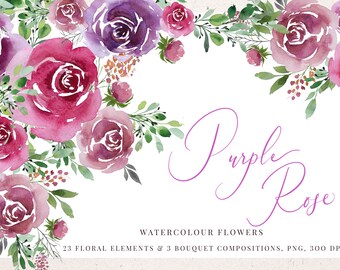 Purple and Burgundy Flowers Watercolor Clipart Collection, Wedding flowers clipart, Floral Designs Flowers for DIY Wedding Invitations