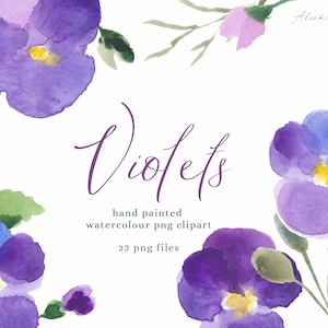 Viola Viola Viola Fiori Acquerello Clipart Collection, Fiori di nozze clipart, Disegni floreali Fiori per inviti di nozze fai-da-te