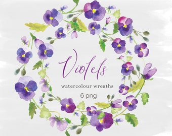 Violets Meadow Flowers Aquarelle Clipart couronne, Fleurs de mariage clipart, Motifs floraux pour diY Invitations de mariage