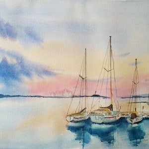 Sea sunset boats Watercolour Print at home  Wall Art, Decor Art, Wall decor, Digital Download PNG