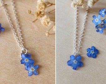 Blue Forget Me Not Necklace, Real Dried Flower Necklace, Something Blue Bride Wedding Necklace, Memorial Jewelry, Handmade Gift for Women