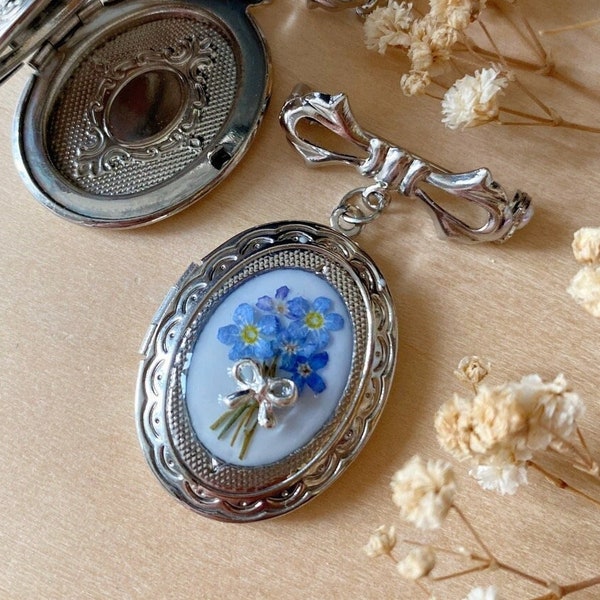 Something Blue Wedding Bouquet Charm Pin, Forget Me Not Photo Locket Necklace, Photo Locket Charm Pin, Flower Locket, Bridal Memory Charm
