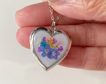 Heart Locket Pendant Necklace, Flower Locket Necklace, Forget Me Not Memorial Necklace, Photo Locket Pendant, Silver Heart Locket Necklace