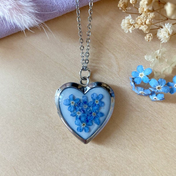 Heart Locket Flower Necklace, Forget Me Not Memorial Necklace, Photo Locket Pendant, Silver Locket Necklace, Initial Locket Necklace