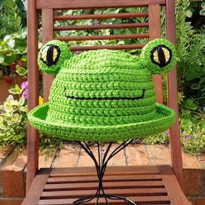 Sombrero de cubo de rana, sombrero de cubo de rana de ganchillo, verde, sombrero de cubo para el verano, ropa de festival, sombrero de adolescente a adulto, sombrero de cubo de novedad animal