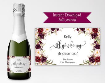 Bridesmaid Mini Champagne Label, Editable Template, Will You be My Bridesmaid, Floral Labels, Printable Wine Label, DIY Champagne Label