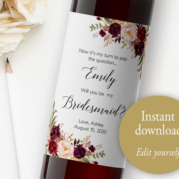 Bridesmaid Wine Label, Editable Template, Will You be My Bridesmaid Wine Label, Floral Wine Labels, Printable Wine Labels, DIY Wine Label