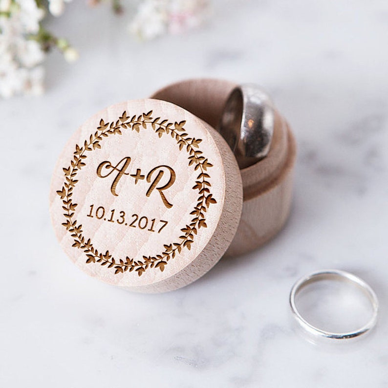 Engraved Custom Personalized Round  Wood Ring Bearer Box Gift Unique Wooden Ring Bearer Box Vintage Proposal Wedding Rustic Ring Box