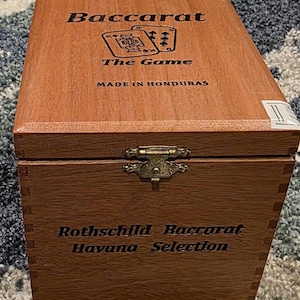 Baccarat the Game Rothschild empty wooden cigar box with metal hinges and clasp