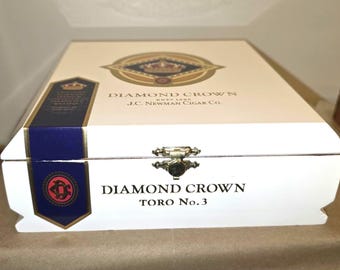 Diamond Crown Cigar Box, Empty White Box with Gold Design