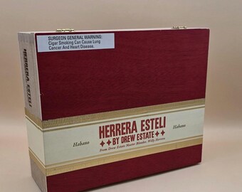 Herrera Esteli by Drew Estate Empty wooden cigar box with metal hinges and clasp