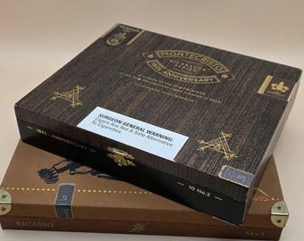 Set of 2 Montecristo Empty Wooden Cigar Box with metal hinges 1935 Anniversary & Espada Ricasso