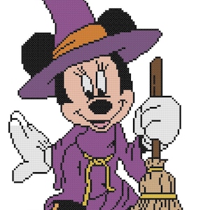 May include: A pixelated cartoon character dressed as a witch, wearing a purple hat with an orange band and a purple dress. The character holds a broom and has black ears, a black nose, and white gloves. The image is on a white background.