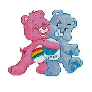 May include: A pink and blue Care Bear with a rainbow on its tummy is hugging a blue Care Bear with a grumpy expression.