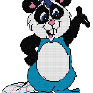Könnte beinhalten: Ein Cartoon-Panda-Biber mit schwarz-weißem Fell, blauen Augen und einem blau-weiß gestreiften Schwanz. Der Panda-Biber trägt ein blaues Hemd und hat einen blauen Irokesenschnitt.