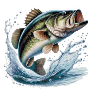 May include: A largemouth bass leaps out of the water, its mouth open wide. The fish is green and brown with a white belly. The water is blue and white and creates a splash around the fish.