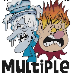 May include: A cartoon illustration with the text "Tis the season of my multiple personalities." The image features two characters: one icy and the other fiery, representing contrasting moods. The design is in a pixelated style.