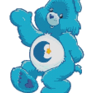 May include: A blue Care Bear with a crescent moon and a star on its belly. The bear is standing with its right arm raised and its left arm at its side.