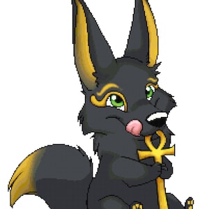 May include: A black and gold cartoon fox with green eyes holding a golden ankh. The fox is sitting on its hind legs and has a pink tongue sticking out.