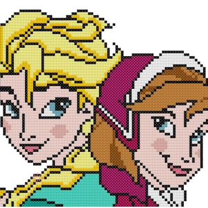 May include: A cross-stitch pattern featuring two cartoon characters, one with blonde hair and a blue dress, and the other with brown hair and a pink dress. The characters are looking at each other and smiling.