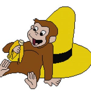 May include: A brown monkey with a wide smile, holding a yellow banana. The monkey is sitting next to a large yellow hat with a black band. The image is a pixelated illustration on a white background.