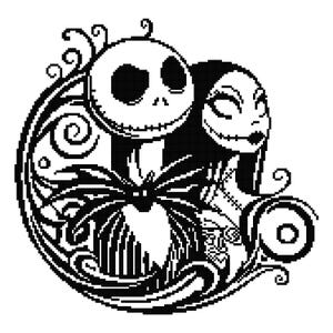 May include: Black and white pixel art illustration featuring Jack Skellington and Sally from The Nightmare Before Christmas. The design includes a spider, swirls, and vertical stripes, creating a gothic and whimsical aesthetic.