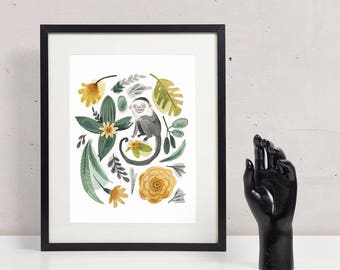 Illustrated Jungle Print - Art Print, Green and Yellow, Nursery Decor, Capuchin Monkey