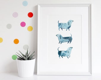 Blue dog print - Nursery Decor, sausage dog, dachshund print, weiner dog, happy dog print, Kids room, Home decor, three dogs, dachshund