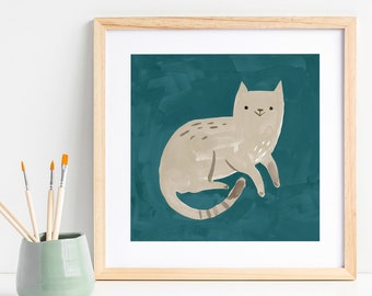 Happy Grey Cat - Art Print, Nursery decor, Kids room wall art, Turquoise art, Minimalist animal print, Painting