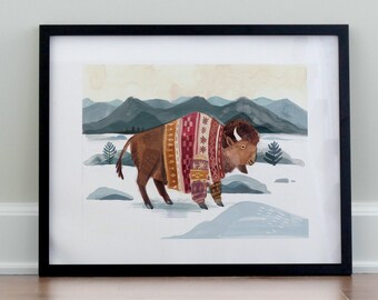 Bison in knitwear - Art Print, Landscape, Holiday home decor