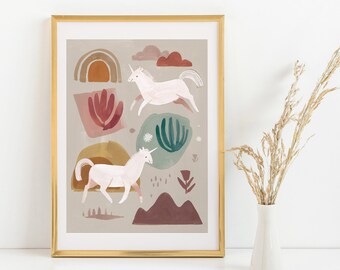 Unicorn on Warm Grey - Art Print, Nursery Decor, Kids Room Wall Art