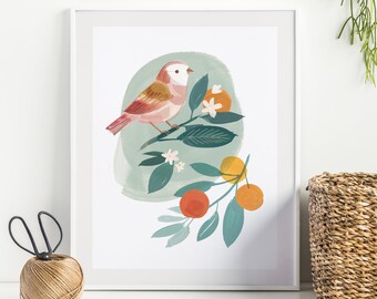 Bird and Clementine 1 - Art Print, Botanical illustration