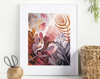 Botanical Zebra Finch Art Print 2 - Floral painting, Australian Wildlife, Nature Print