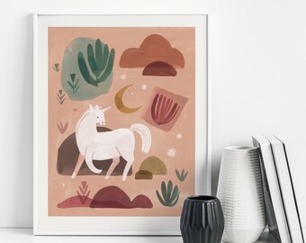 Unicorn  on Blush - Art Print, Nursery Decor, Kids Room Wall Art