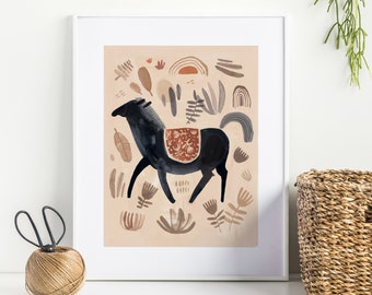 Black Horse - horse wall art, Art Print, wall art, horse print, folk art painting, folk art, Kass Reich