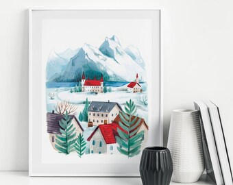 Iceland, Art Print, Winter Art, Mountains, Illustration, Holidays, Wall Decor