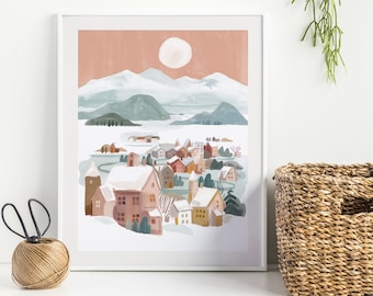 Winter Village - Art Print, Holiday decor, Home Decor