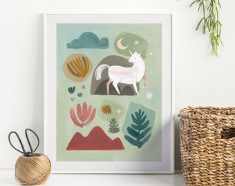 Unicorn on Sage - Art Print, Nursery Decor, Kids Room Wall Art