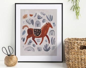 Red Horse - horse wall art, farmhouse decor, country painting, horse print, folk art painting, folk art, Art Print, wall art, Kass Reich