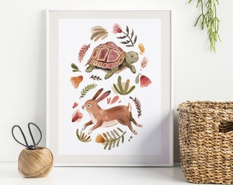 Tortoise and Hare Art Print - Nursery Print, Animal Art, Botanical, bohemian nursery