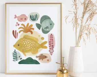 Sea Life Composition One - Art Print, Ocean themed, Underwater, Bathroom Decor, Kids Room
