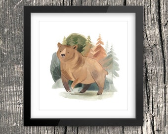 Grizzly Bear Art Print - Woodland Nursery Decor, Wall Art, Canadian nursery decor, Canadian Sellers, Brown Bear Art Print