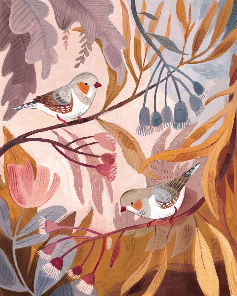 Botanical Zebra Finch Art Print 1 Floral Painting Etsy