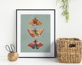 Moth Illustration Digital Print, Folk Art, Farmhouse Decor, Moth Wall Art, Moth Print