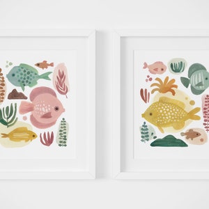 Sea Life Art Digital Print Set of 2, Fish Wall Prints, Nursery Decor, Baby Shower Gift image 1