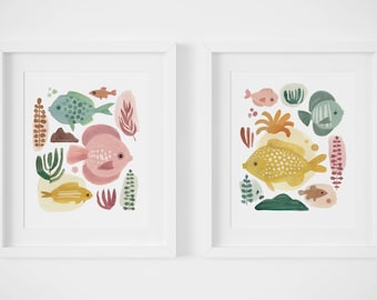 Sea Life Art Digital Print Set of 2, Fish Wall Prints, Nursery Decor, Baby Shower Gift