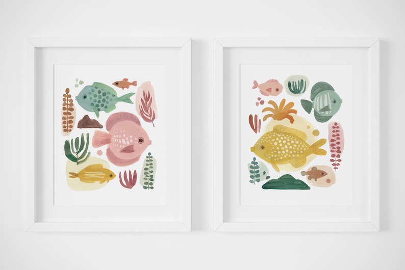 Sea Life Art Digital Print Set of 2, Fish Wall Prints, Nursery Decor, Baby Shower Gift image 1