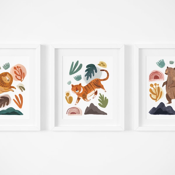 Conjunto de leones, tigres y osos de 3 impresiones de arte animal, decoración de guardería y habitación para niños, descarga digital de impresión de arte animal