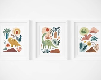 Set of 3 Dinosaur Prints, Dinosaur Themed Nursery & Kids Room, Dino Wall Art, Dinosaur Decor