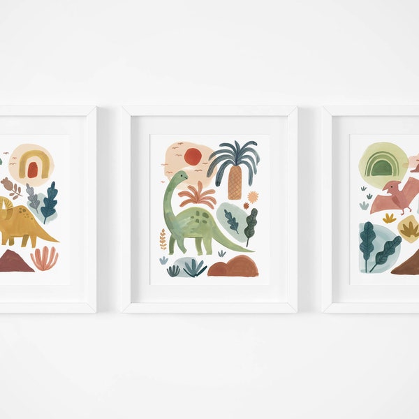 Set of 3 Dinosaur Prints, Dinosaur Themed Nursery & Kids Room, Dino Wall Art, Dinosaur Decor